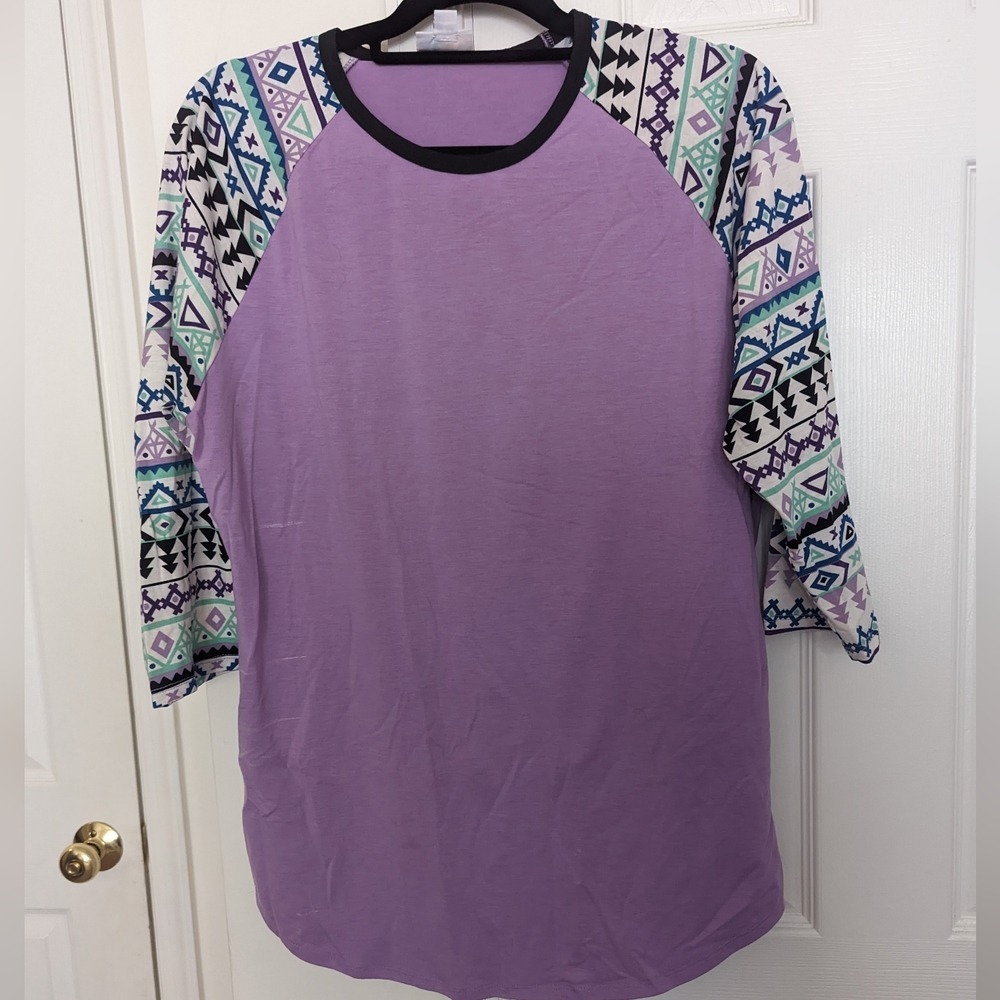 LuLaRoe Randy Baseball Tee Purple‎ Tribal Geometric Raglan 3/4 Sleeve Top Large